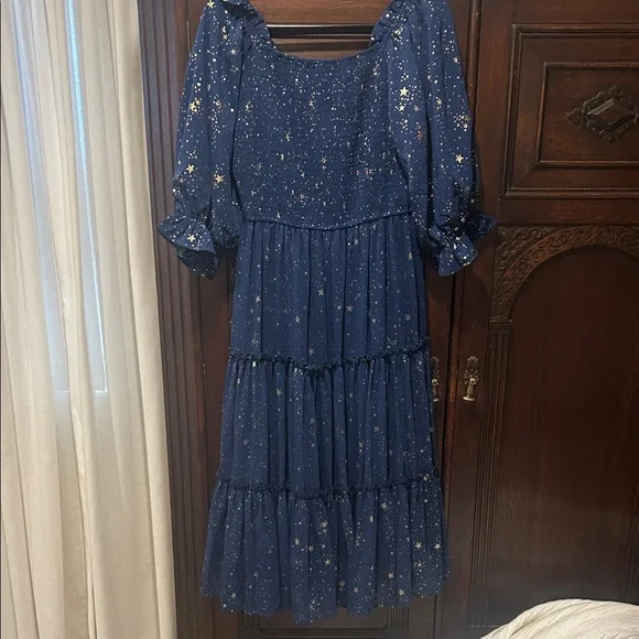 Ivy City Starry Night Stars Navy Smocked Dress M - Picture 8 of 8